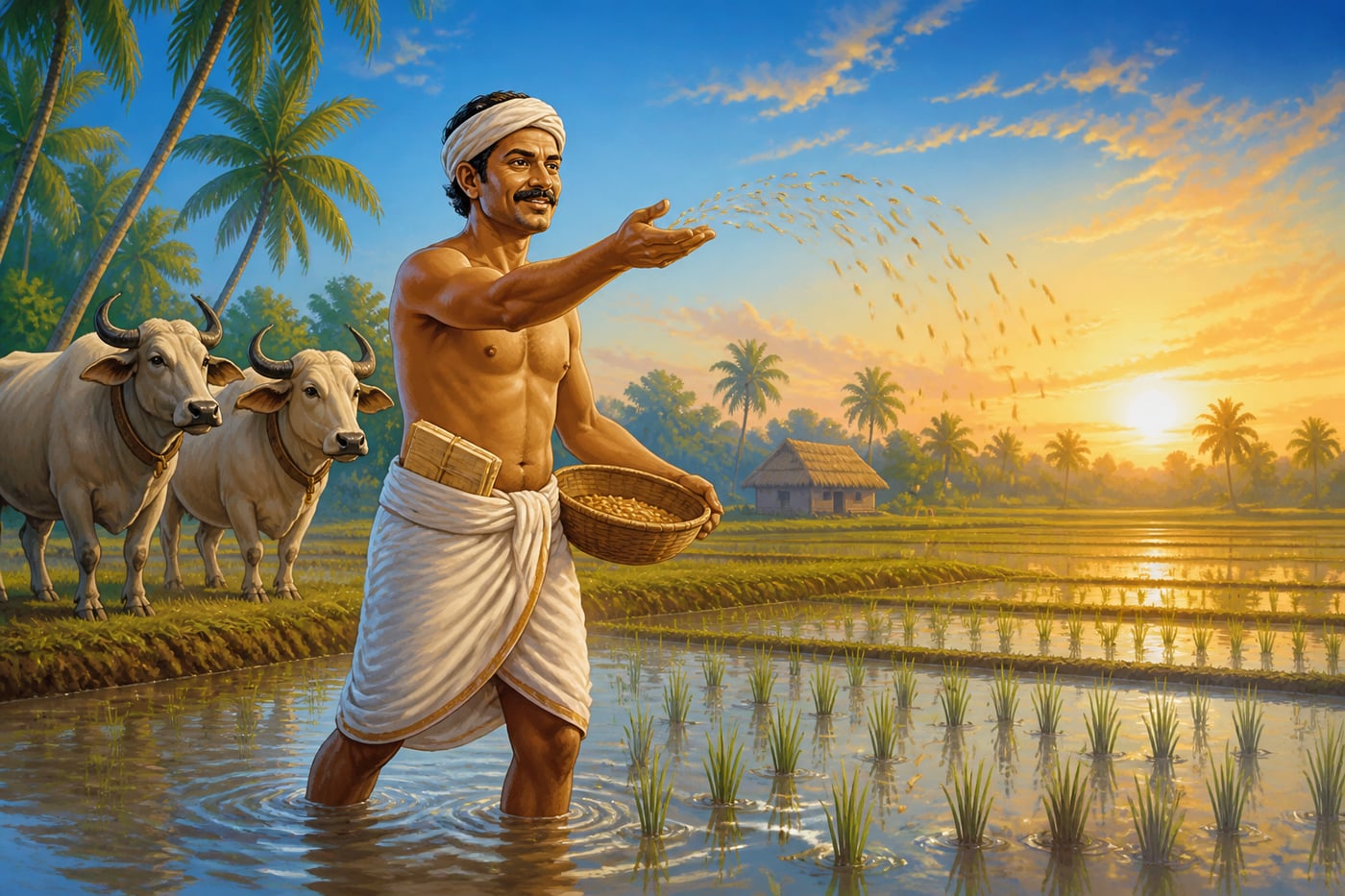 A coastal Andhra farmer sowing paddy at dawn with a panchanga