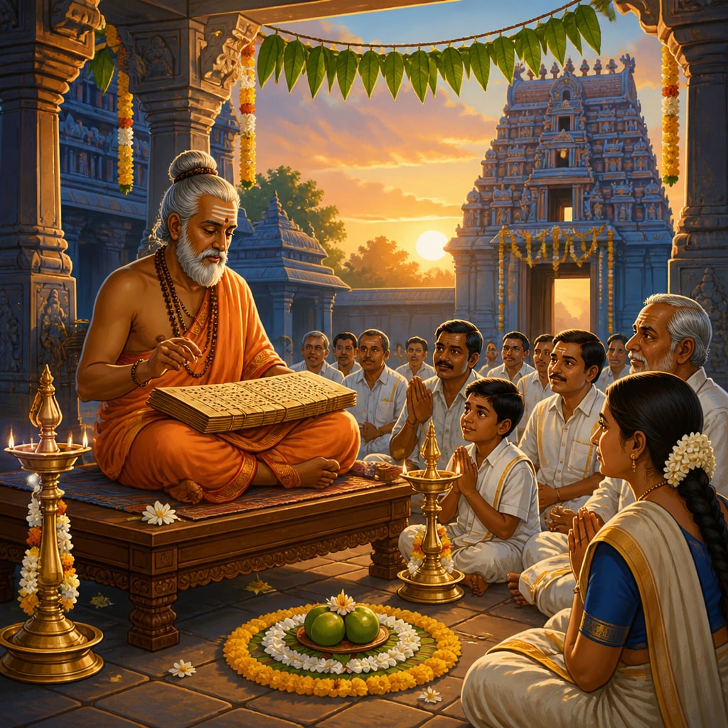 Pandit reading the panchanga at dawn