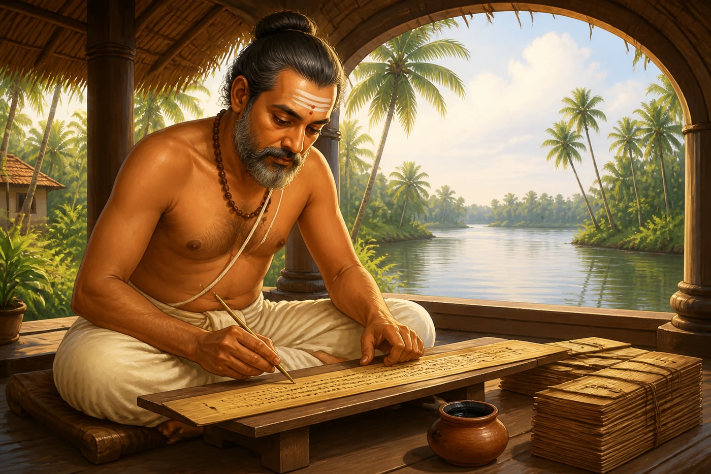 Mādhava inscribing the arctangent verse on palm-leaf