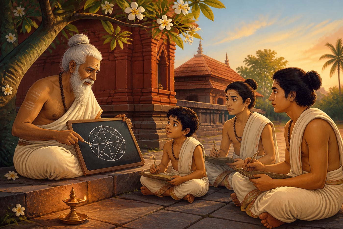 A Kerala teacher-student paramparā in temple courtyard
