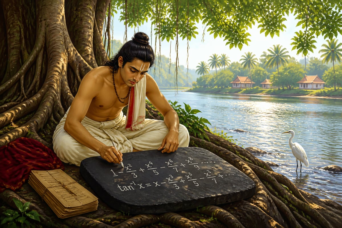 Young Mādhava deriving the arctangent series under a banyan