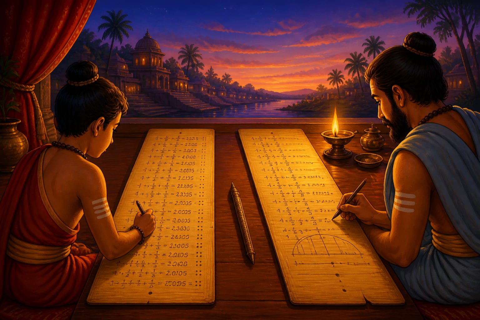 Two parallel pi computations on palm-leaf at twilight