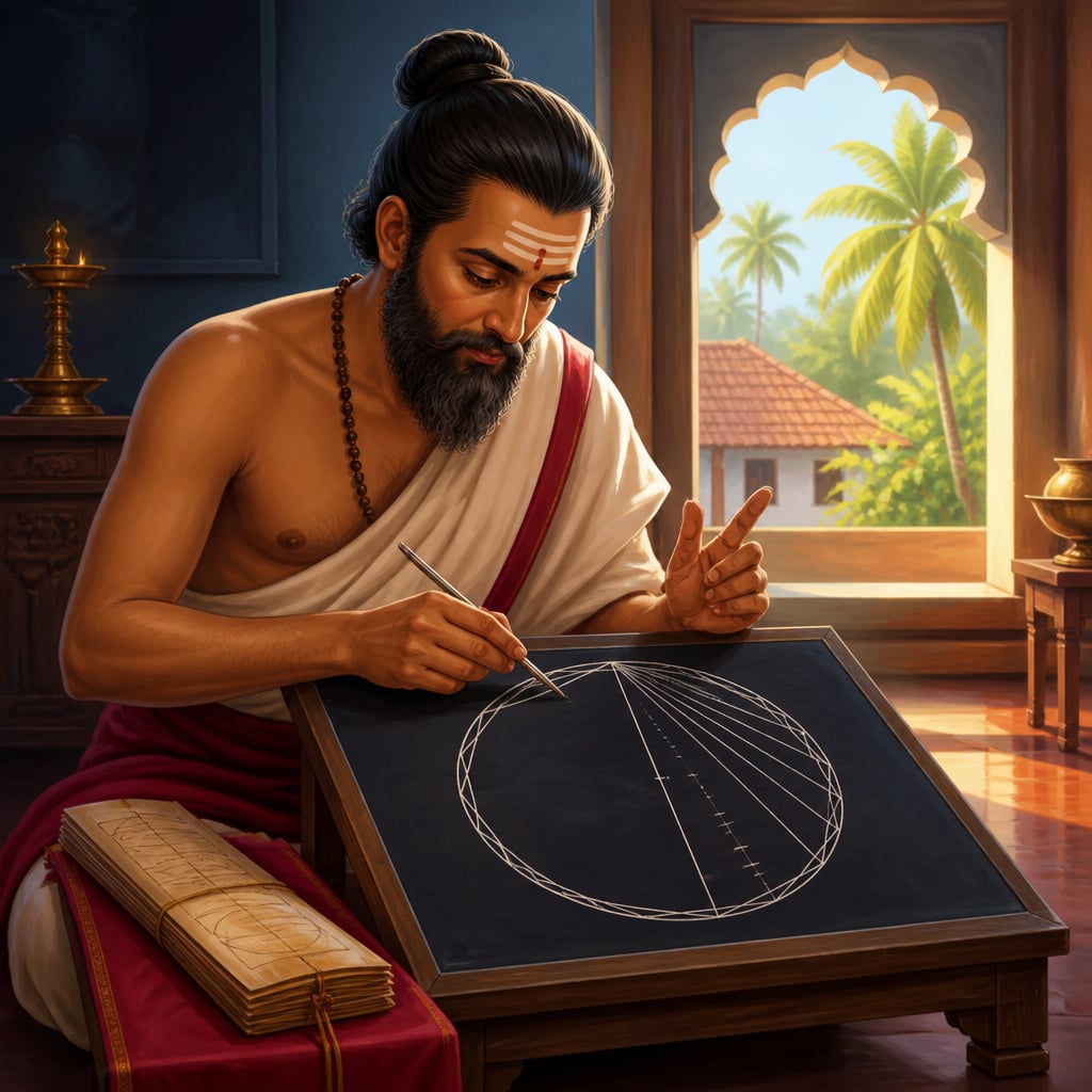 Madhava deriving the sine series on a slate