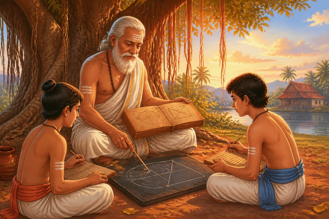 Aged Nīlakaṇṭha teaching the Aryabhatiyabhashya under a banyan