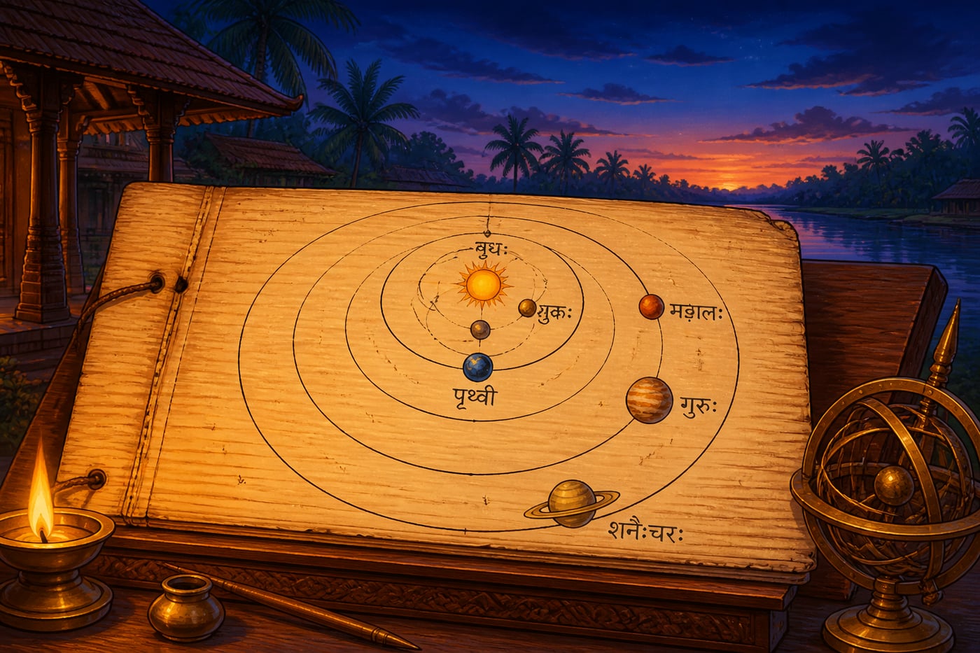 Nīlakaṇṭha's partial heliocentric diagram on palm-leaf
