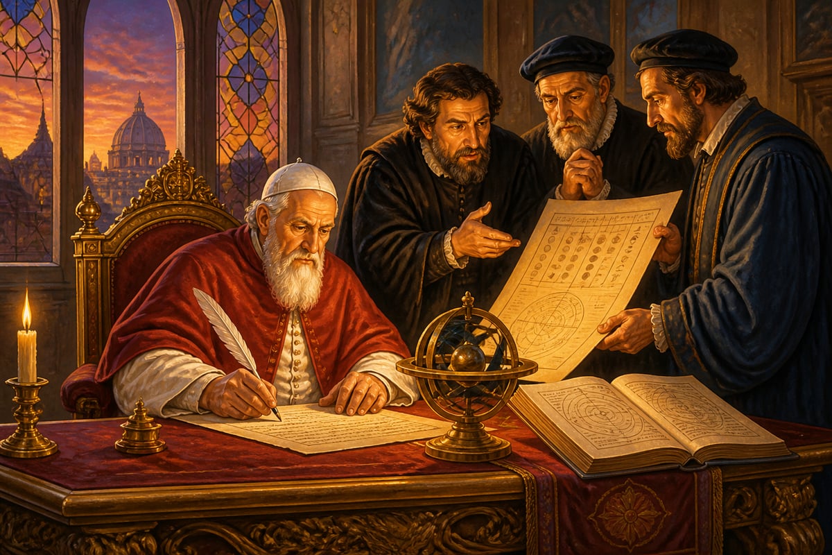 Pope Gregory XIII signing the calendar reform bull