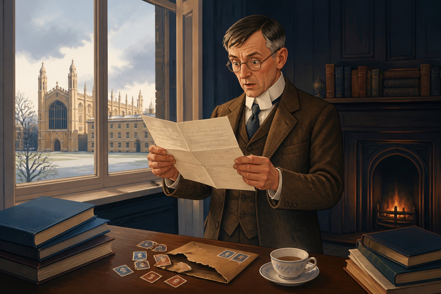 Hardy reading the nine-page letter at Trinity