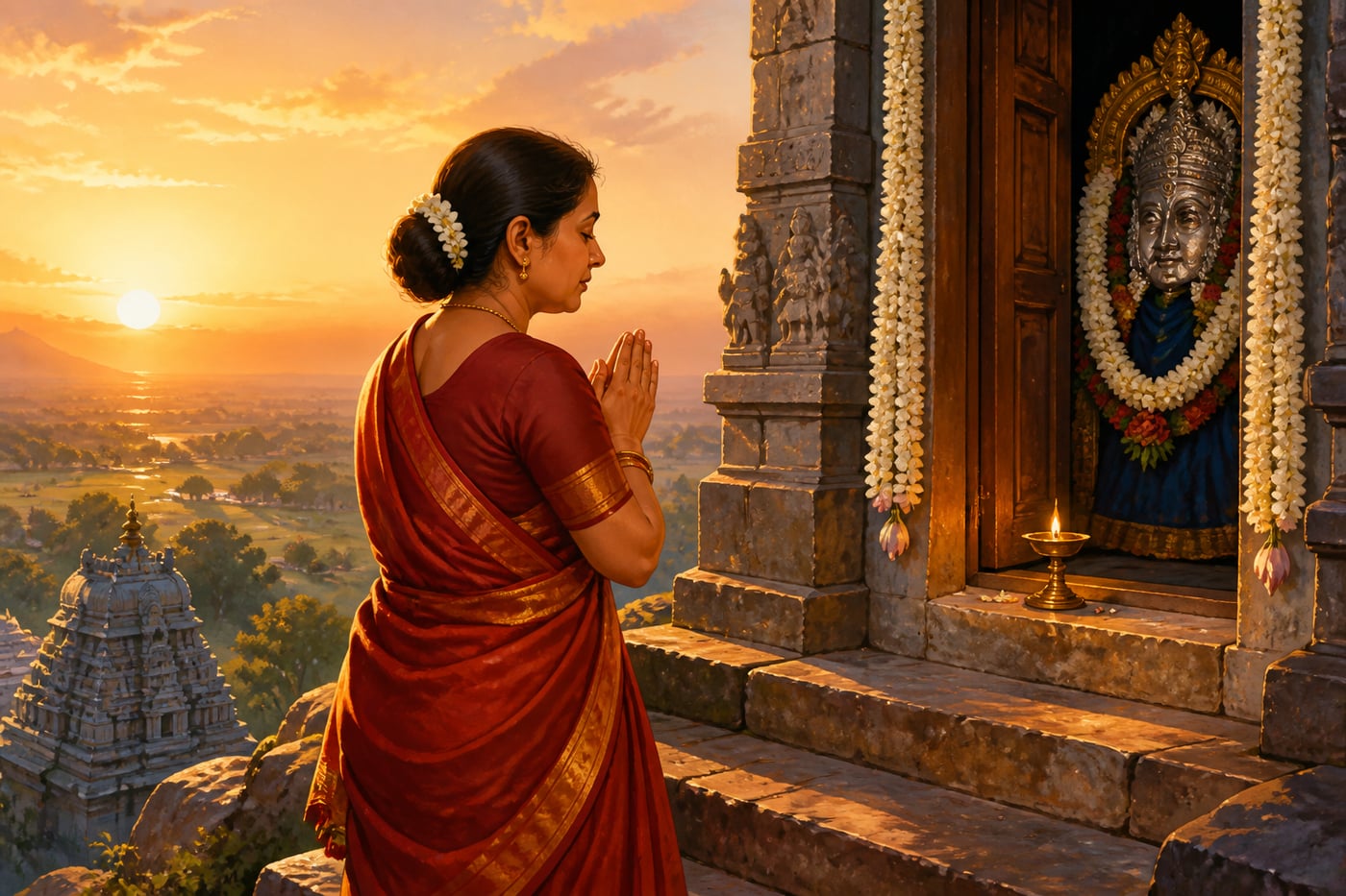 Komalatammal praying at the Namakkal hilltop temple