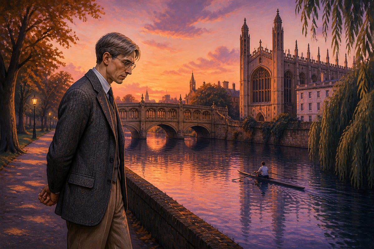 Hardy walking the Cambridge Backs at sunset
