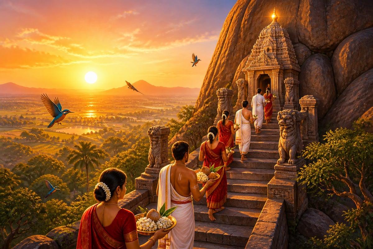 Pilgrims ascending the Namakkal hilltop temple at dawn