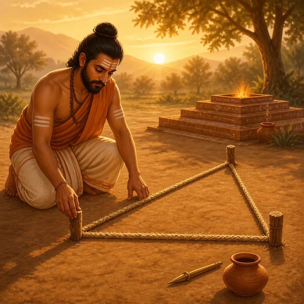 Baudhayana dictates the diagonal sutra to two students on a palm leaf