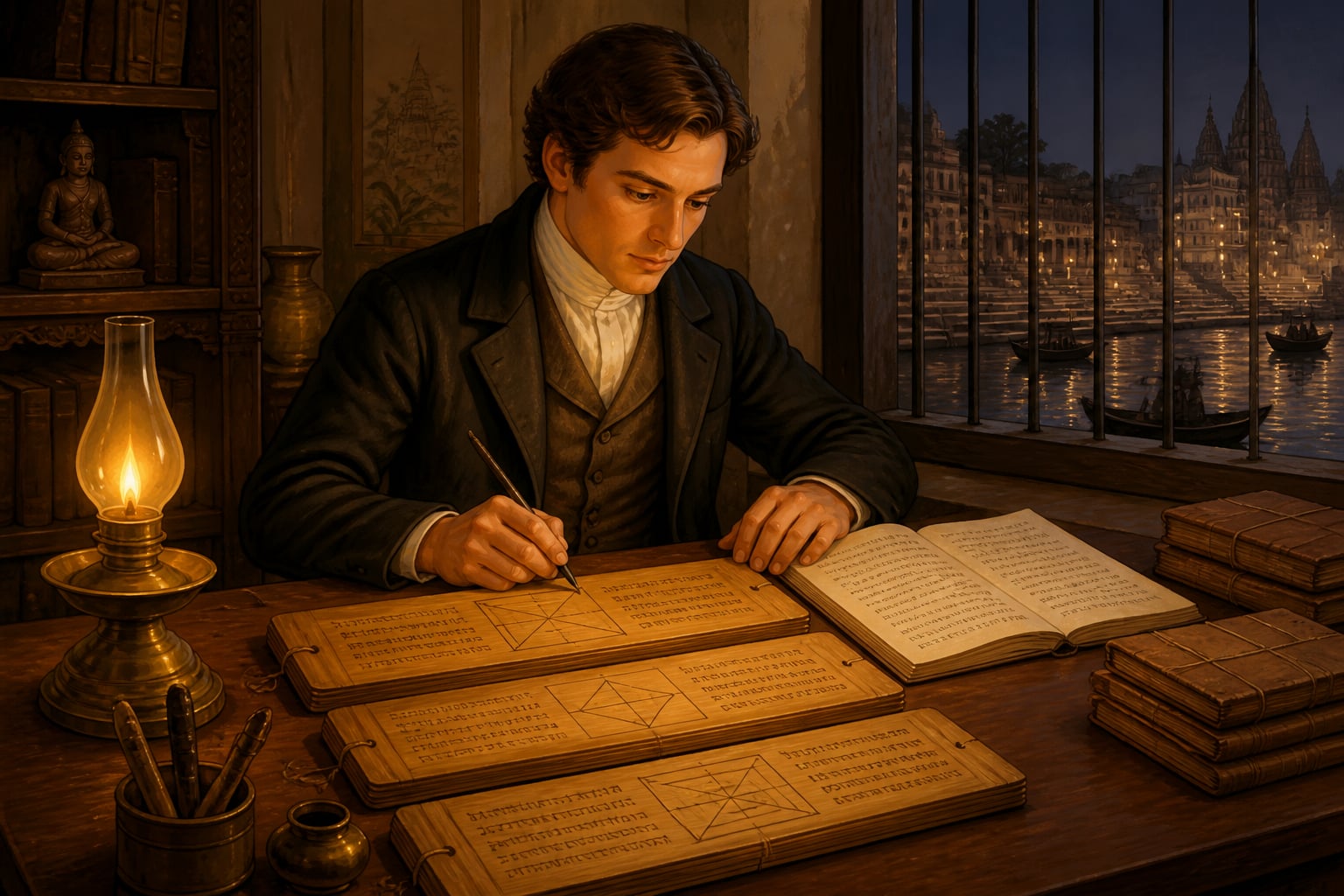 George Thibaut translating Shulbasutras in Banaras lamplight