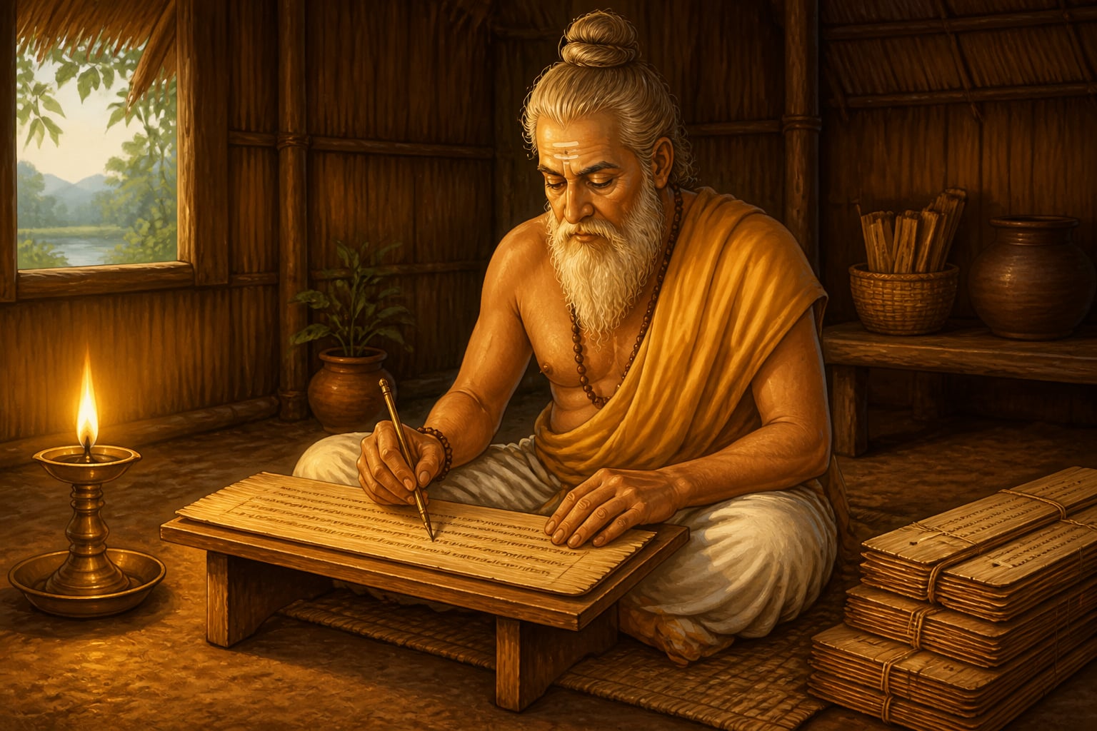 Apastamba composing the Shulbasutra by oil lamp