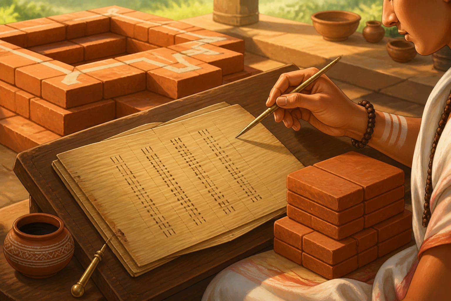 Palm-leaf tally of brick counts beside stacked terracotta bricks
