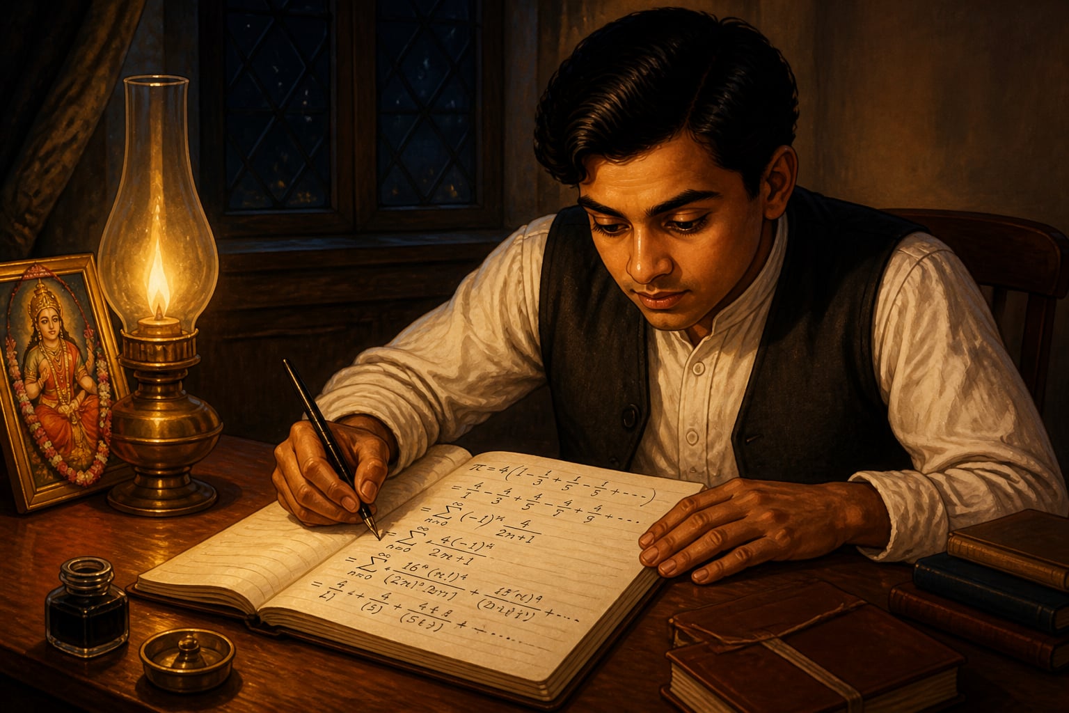 Ramanujan at Cambridge desk with pi series notebook