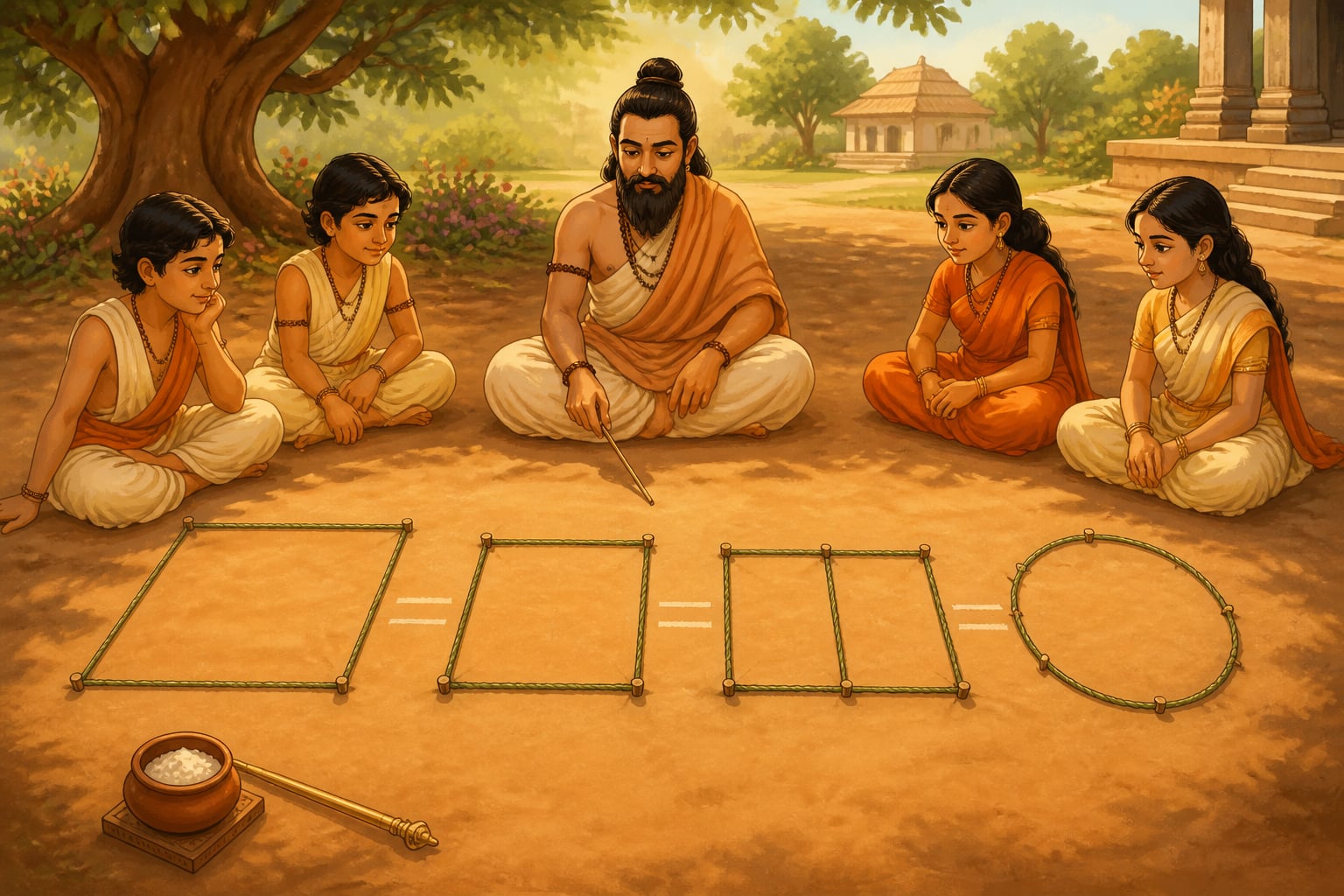 Four equal-area shapes laid out on swept earth with cord
