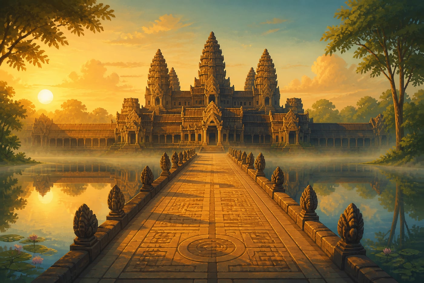Angkor Wat at sunrise with mirrored moat reflection
