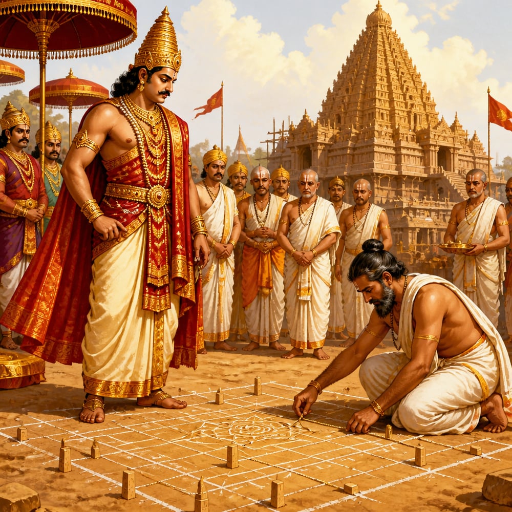 Rajaraja Chola at the groundbreaking of Brihadeeswara temple with his sthapati and a cord