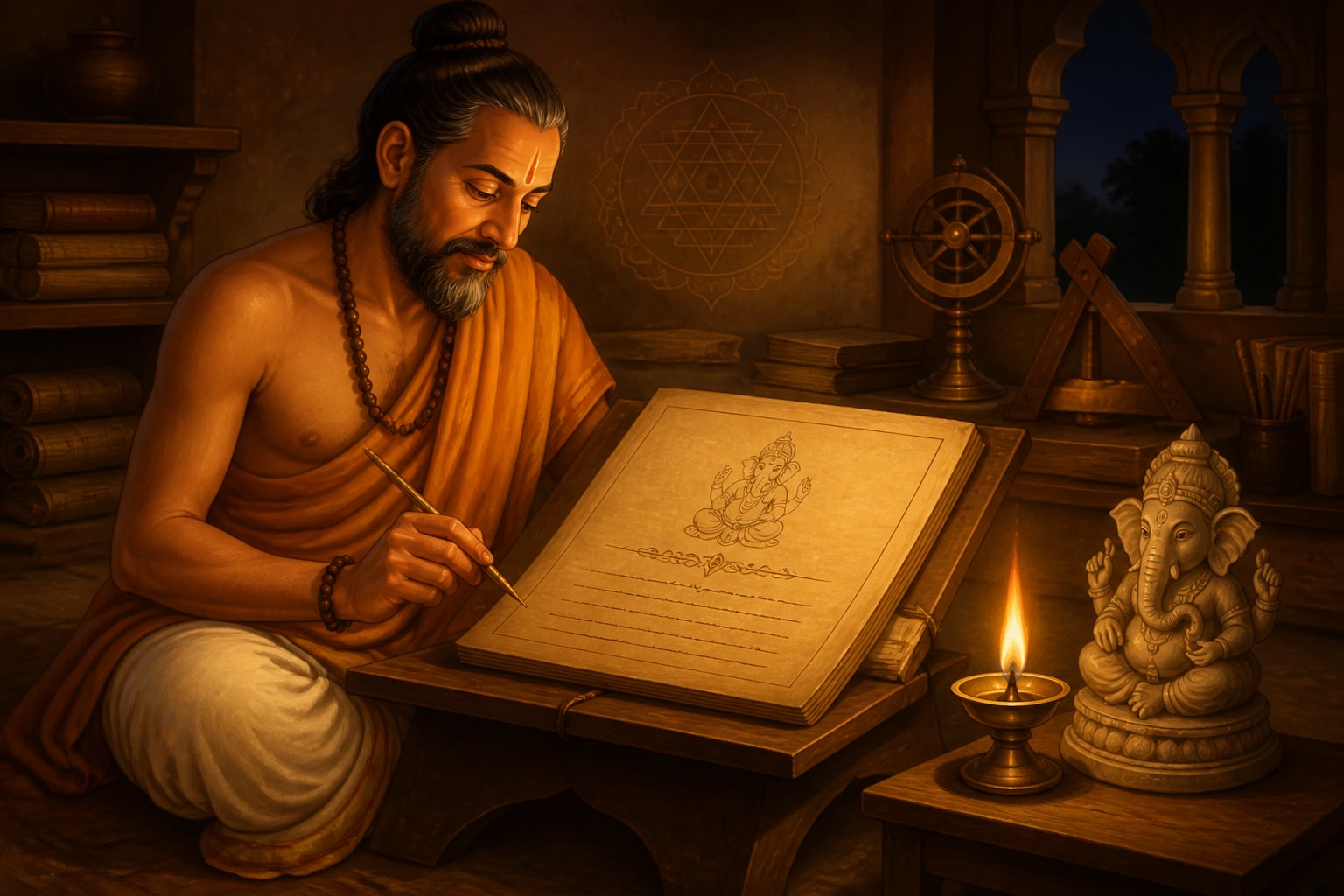 Bhaskara composing Lilavati's opening salutation to Ganesha