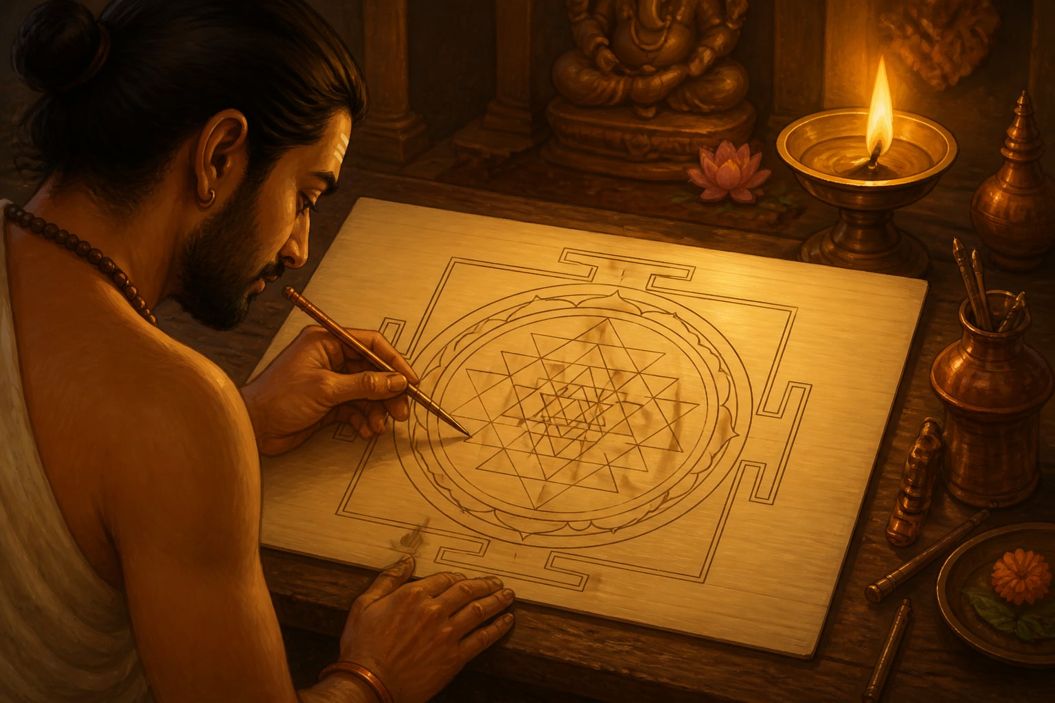 Shilpi inscribing Shri Yantra on palm-leaf