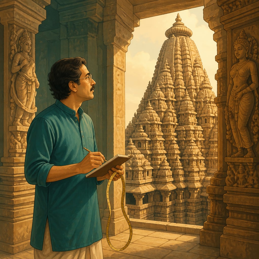 Kirti Trivedi measures the Kandariya Mahadeva temple at Khajuraho with notebook and tape
