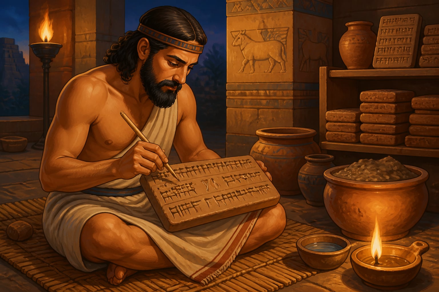 A Babylonian scribe inscribing wedge-marks for the empty position