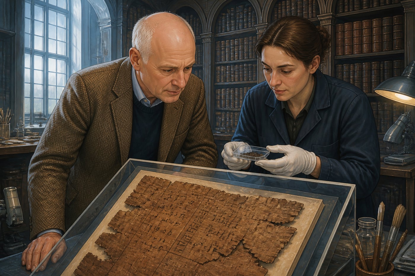 Marcus du Sautoy with the Bakhshali Manuscript at the Bodleian