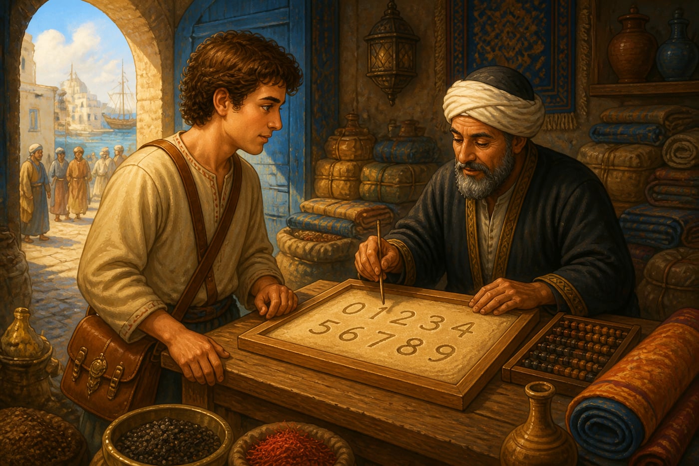 Fibonacci learning Hindu-Arabic numerals at a Bugia counter