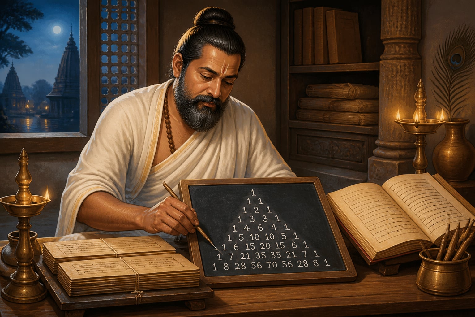 Halāyudha drawing the meru-prastāra triangle