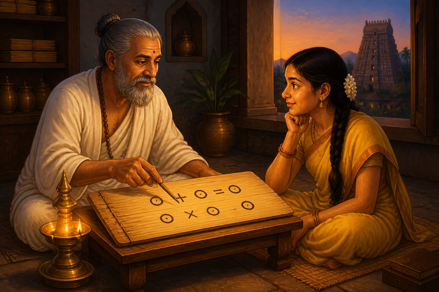 Bhāskara II teaching his daughter Līlāvatī the rules of zero