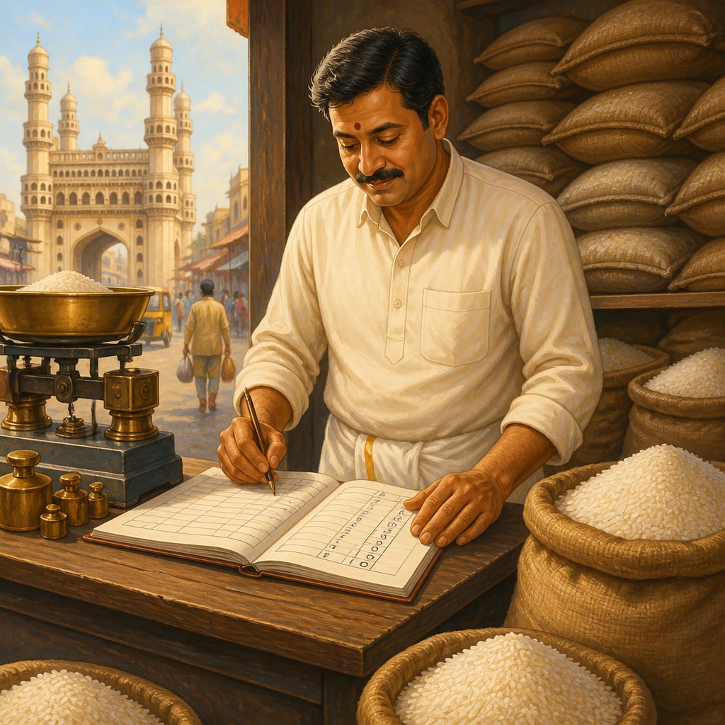 Mahesh computing at his Charminar rice shop