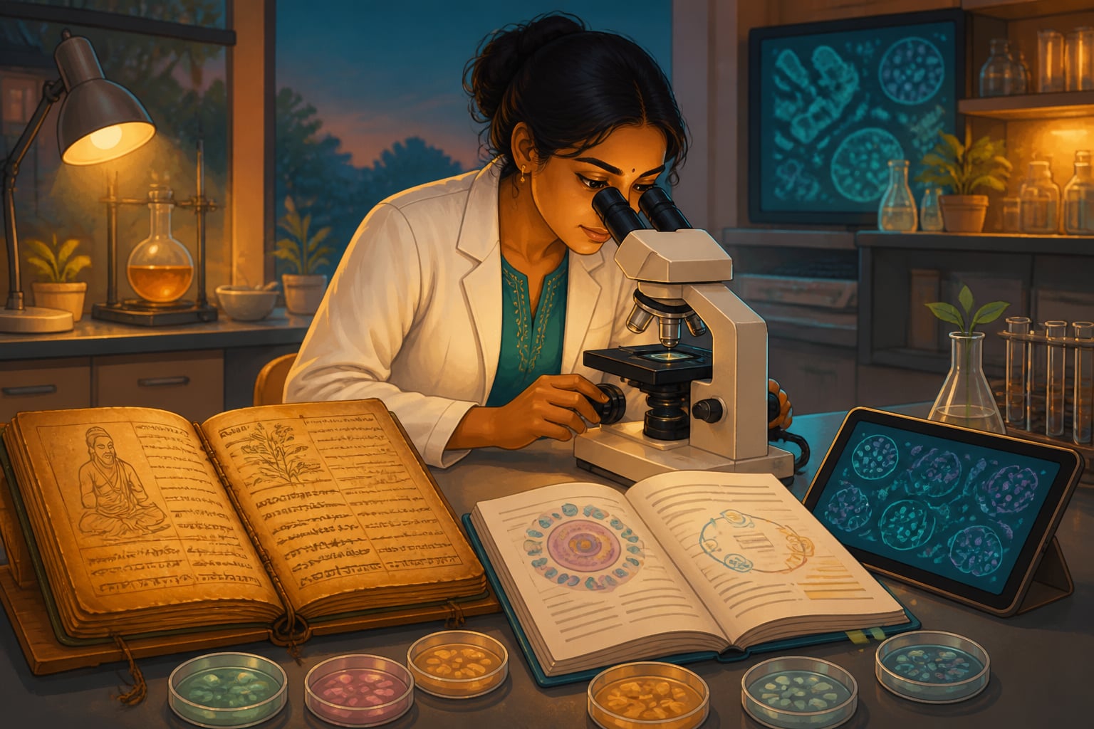 Modern scientist studying gut microbiome beside Caraka text