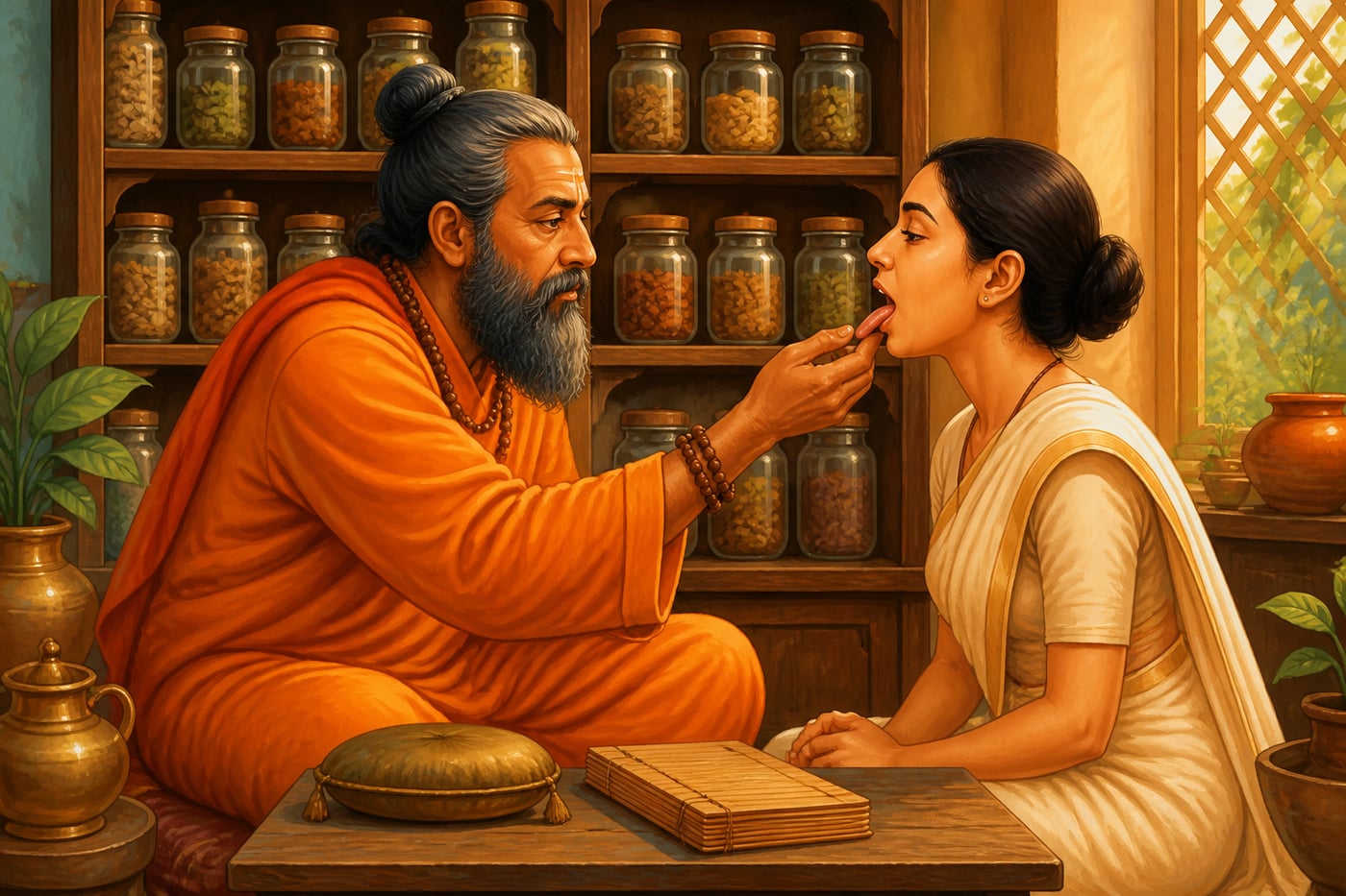 Ayurvedic vaidya examining a patient's tongue for āma