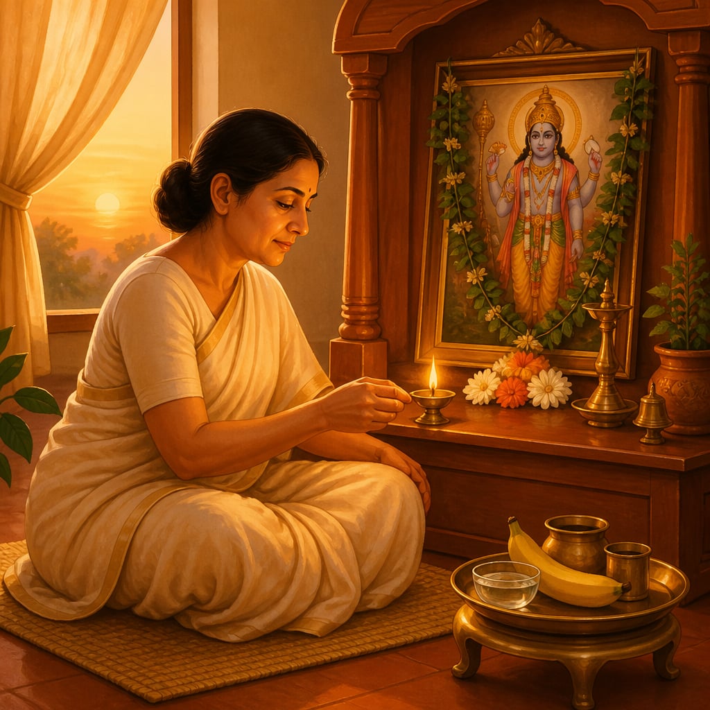 Home Ekadashi observance with lamp and offering