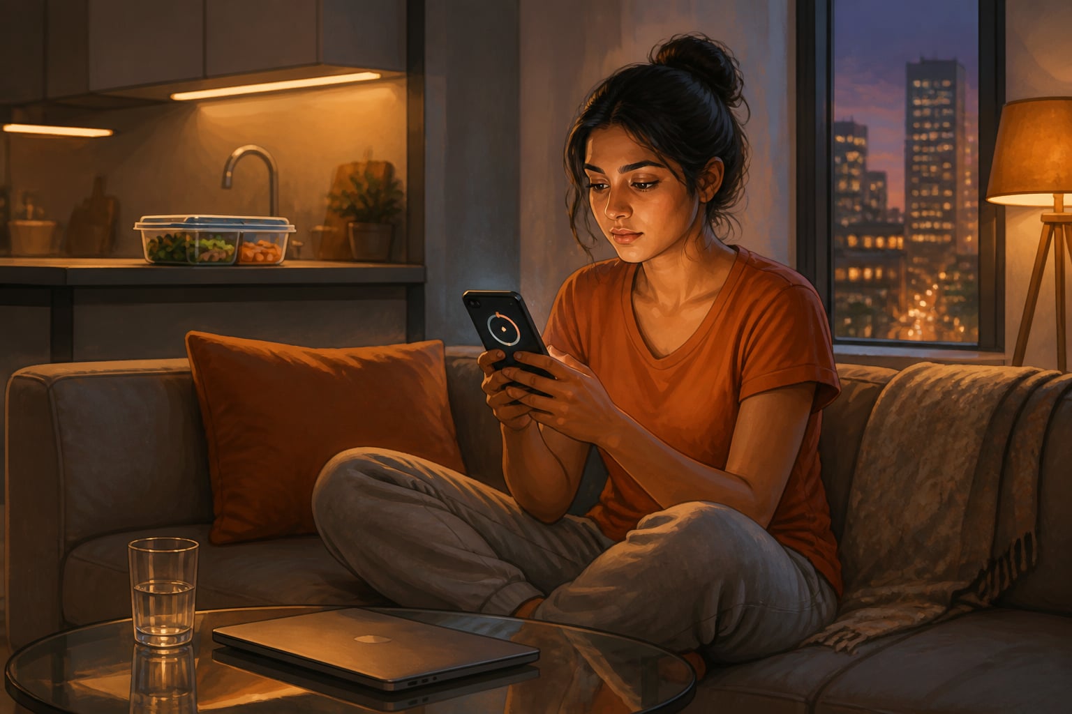 A modern professional alone with her fasting app