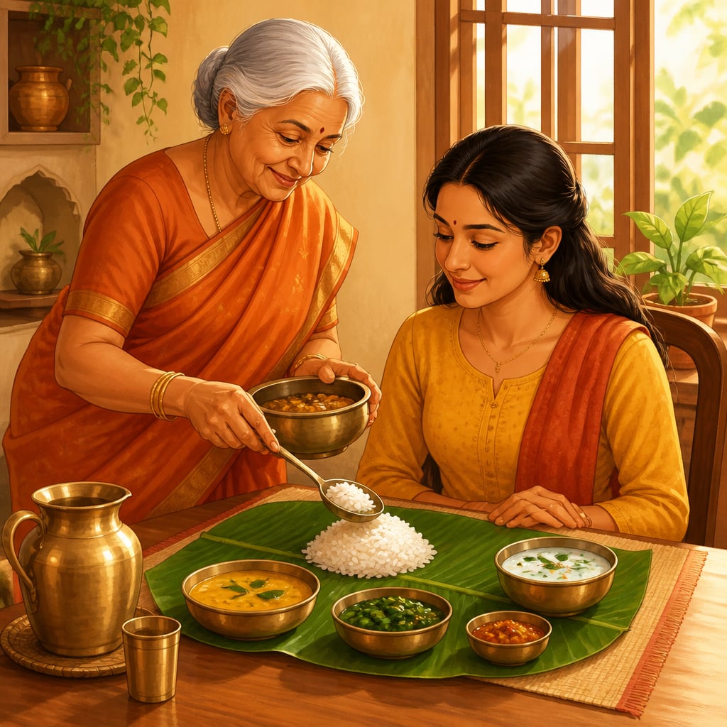 Grandmother serving a traditional balanced thali