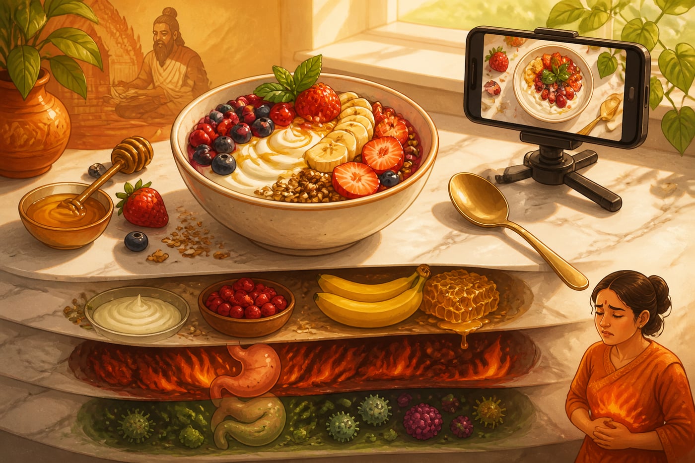 An Instagram smoothie bowl mixing multiple viruddha foods