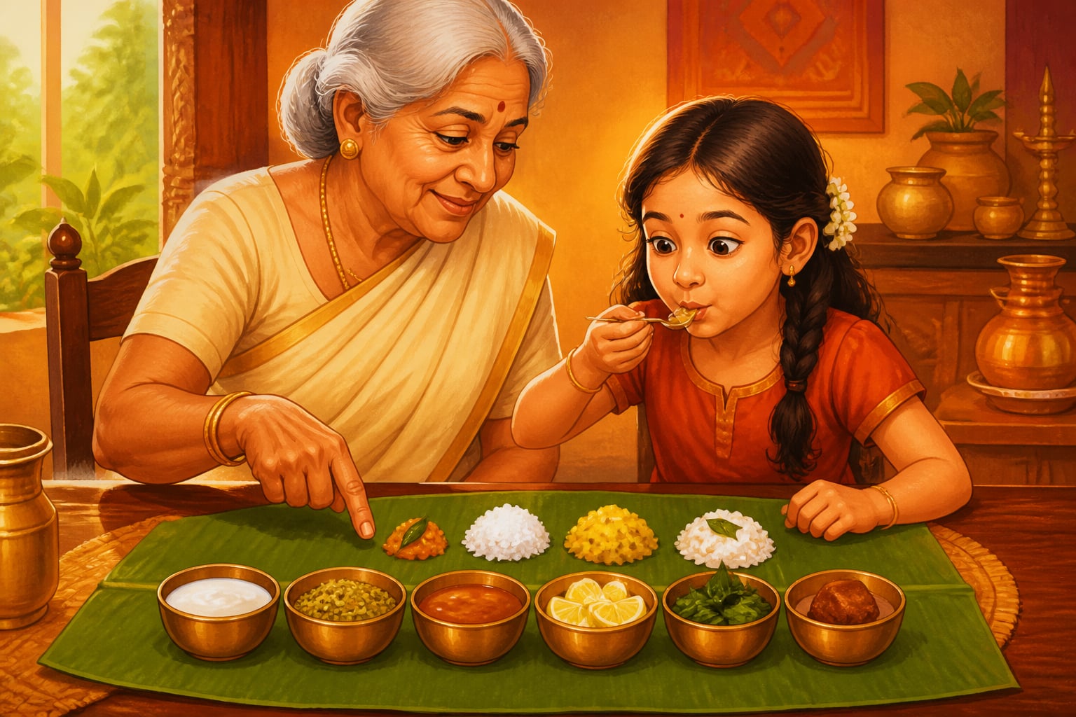Grandmother teaching granddaughter the six tastes
