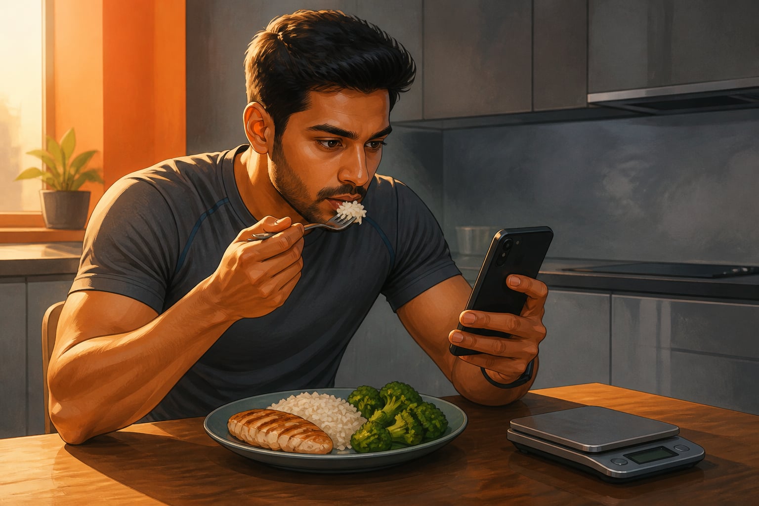Macro tracker eating a reduced fitness meal at his kitchen