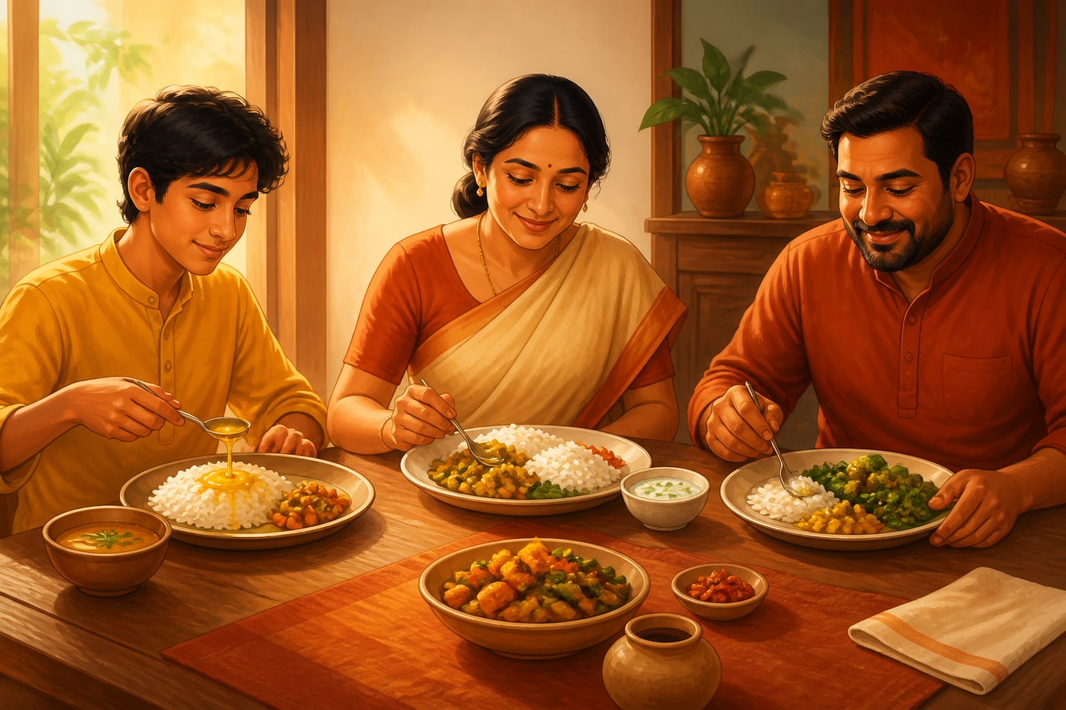A family eating one base meal customized by constitution