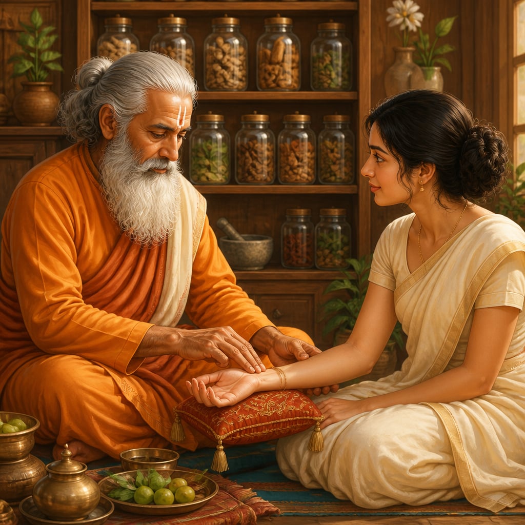 Vaidya checking a patient's pulse for dosha assessment