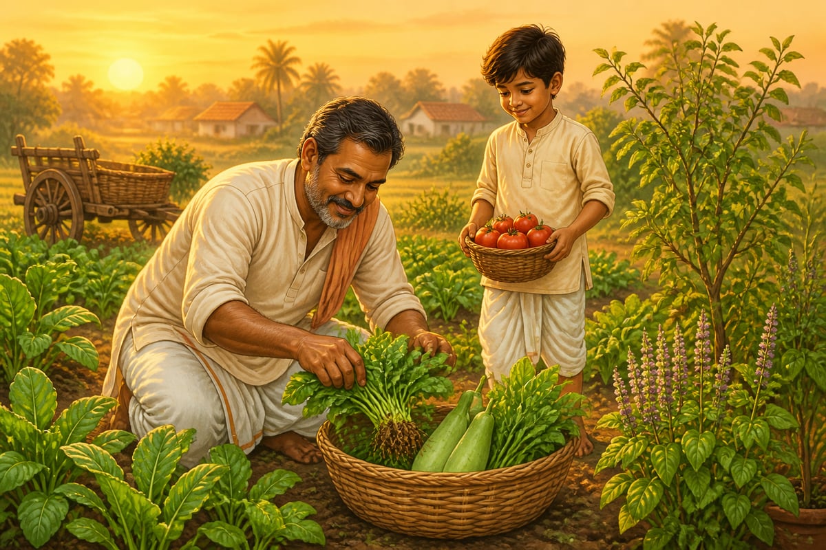 Indian farmer harvesting fresh organic produce at dawn