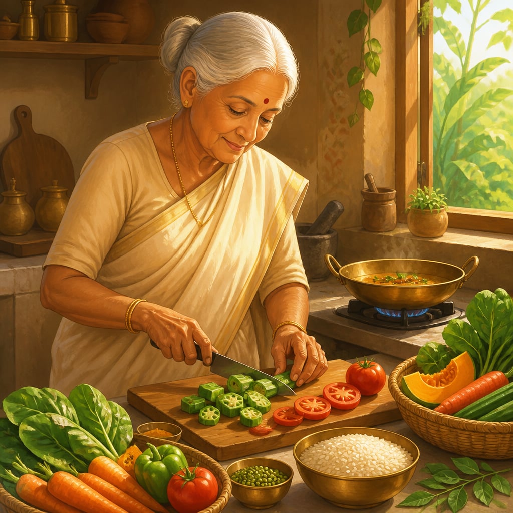Grandmother preparing fresh food in a sunlit kitchen