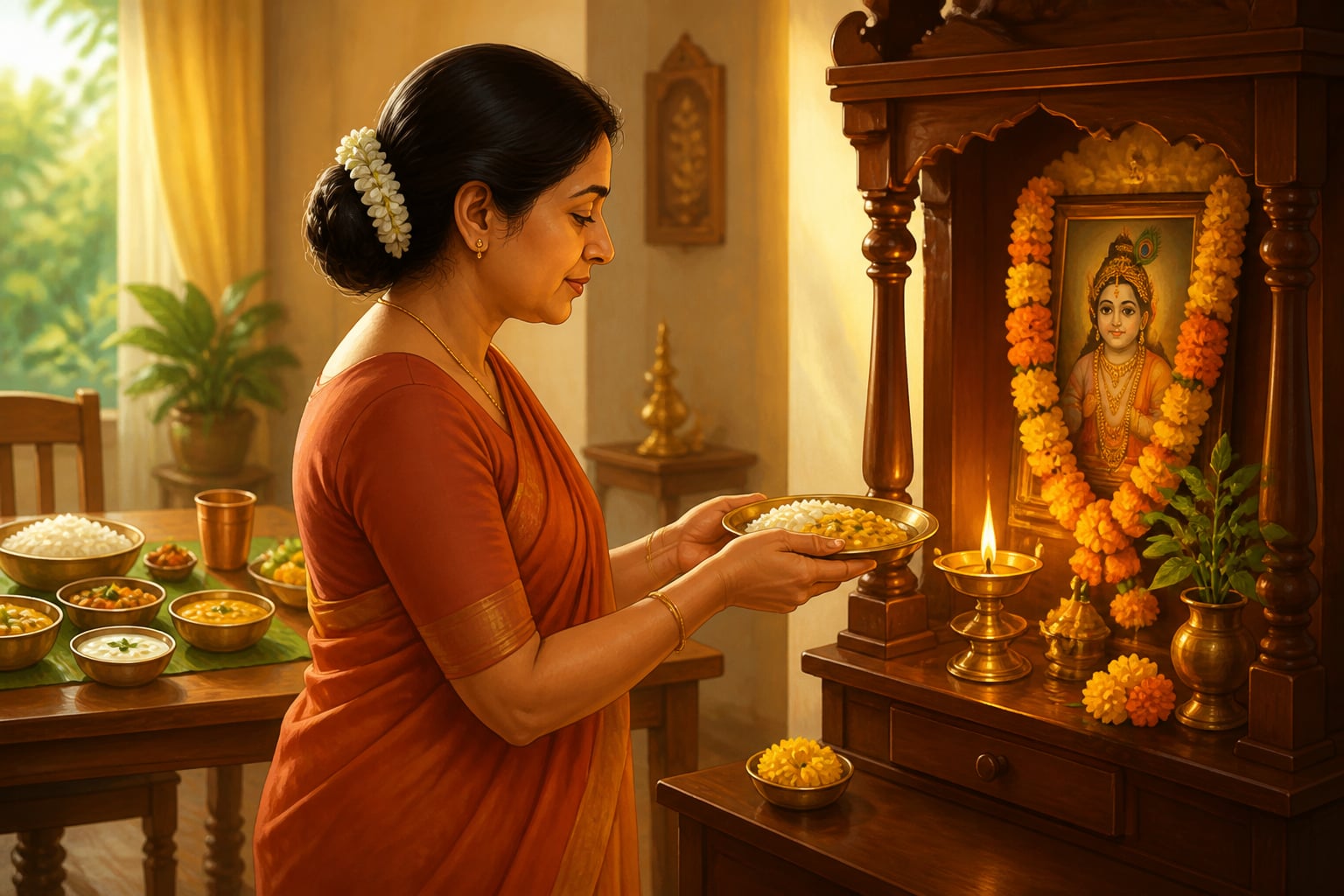 Woman offering naivedya at her home shrine