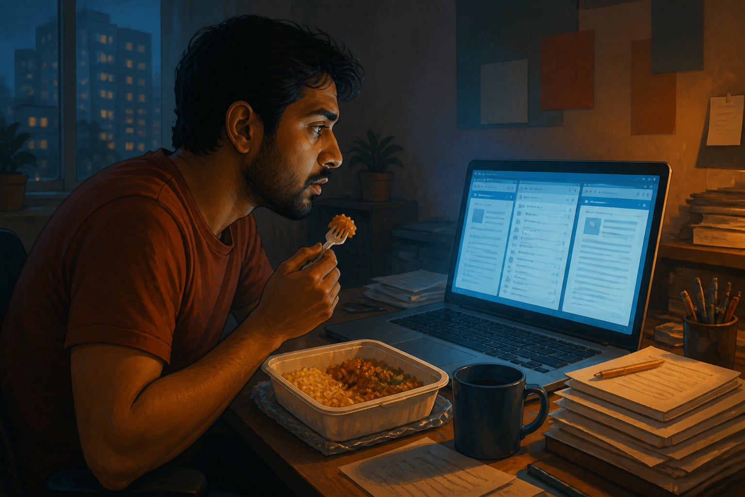 Office worker eating distractedly at his desk