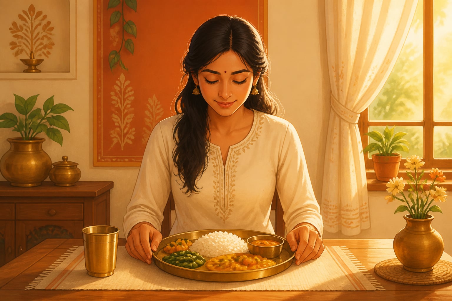 Young woman eating mindfully alone with pre-meal gratitude