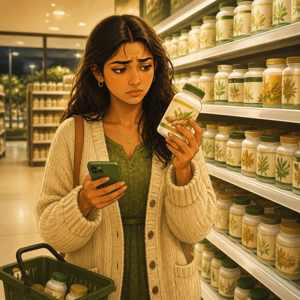 Overwhelmed shopper in a CVS pharmacy supplement aisle holding a curcuminoid turmeric bottle