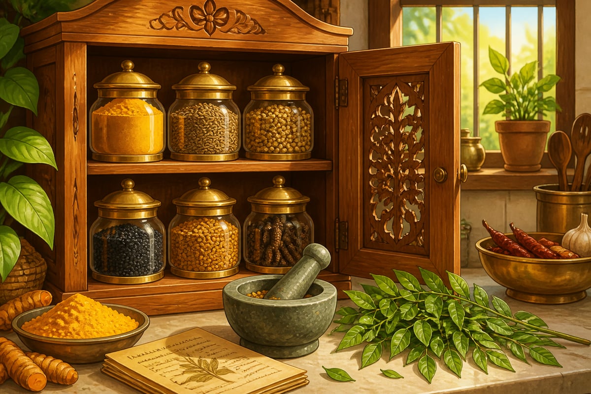 An Indian home spice cabinet of haldi, jeera, dhania, kalonji, methi, and pippalī
