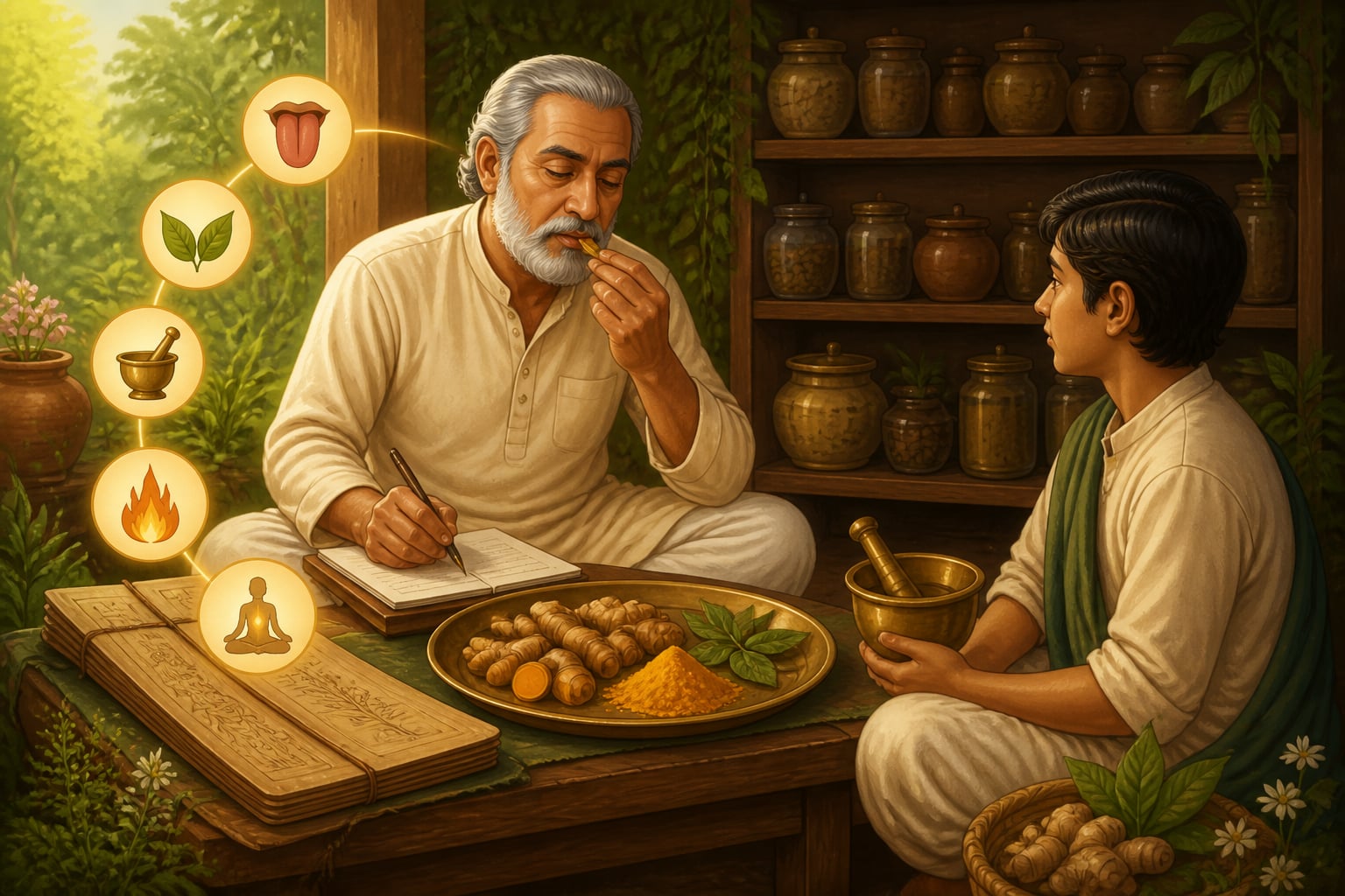 A vaidya analyzing turmeric through the five dimensions of Dravyaguṇa