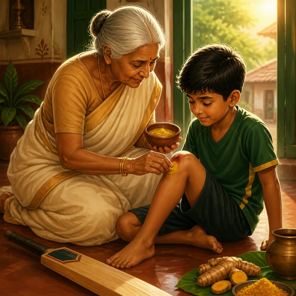 Tamil Nadu grandmother applying fresh turmeric paste to her grandson's scraped knee